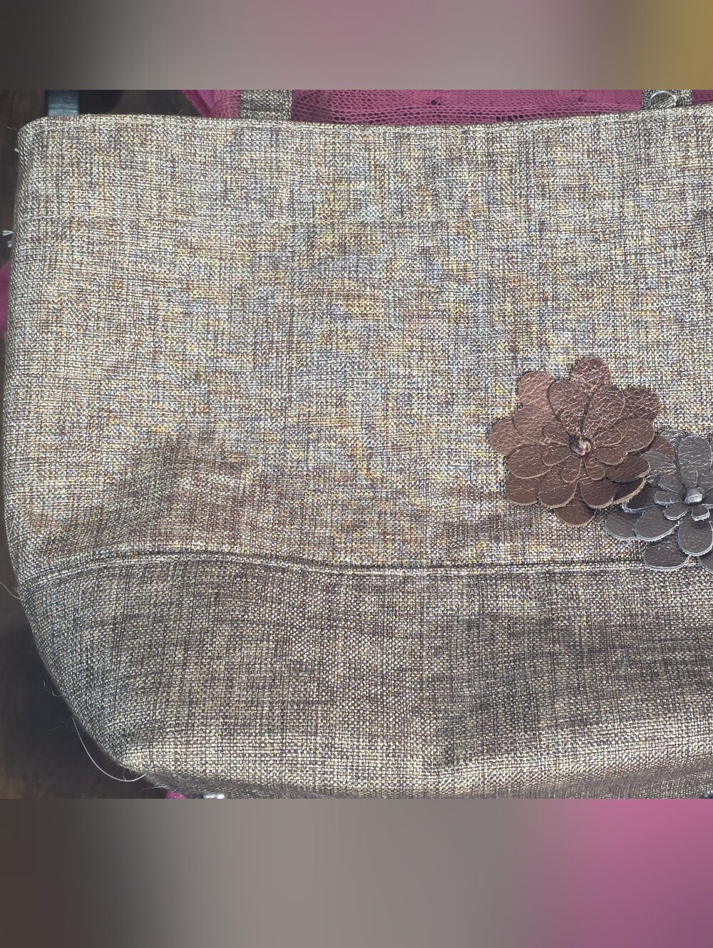 Berkshire Bags Bronze Linen Look Tote Leather Floral Applique Shoulder Bag